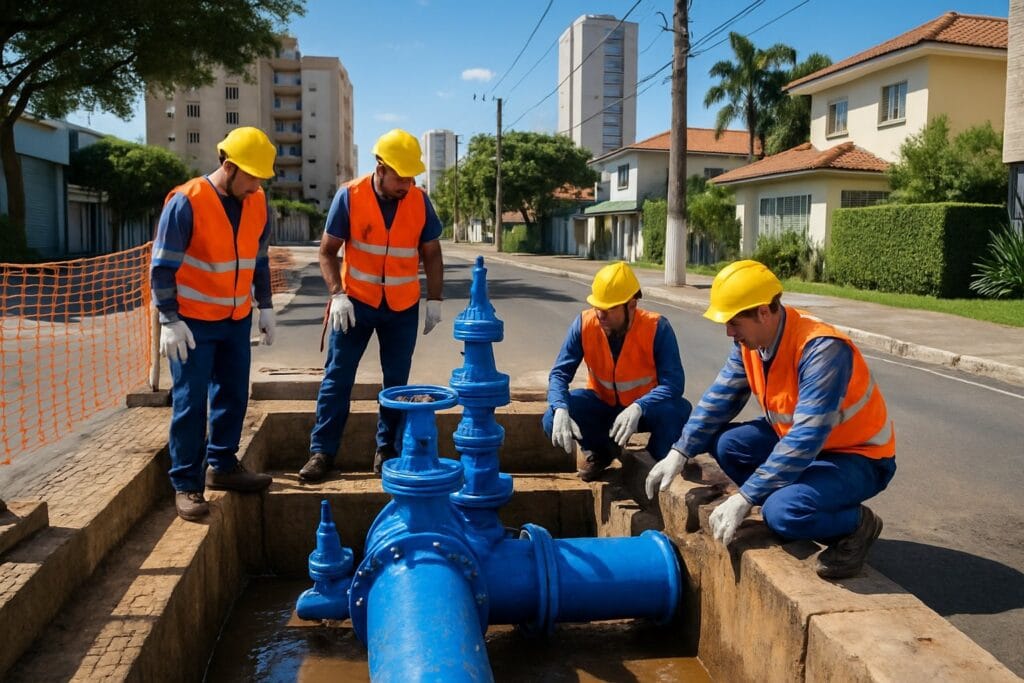Equipe de obra assentando tubulação de esgoto em vala aberta