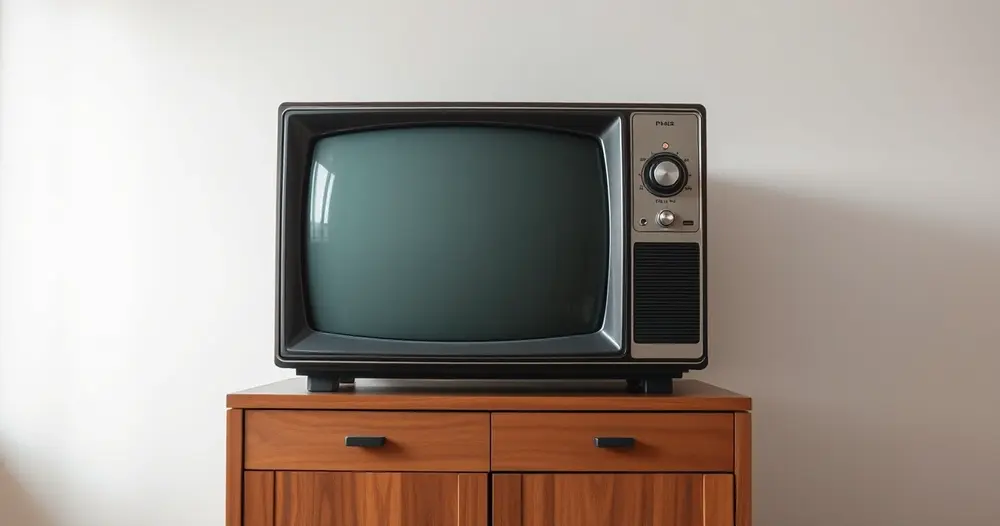 televisor antigo de tubo desligado sobre aparador de madeira