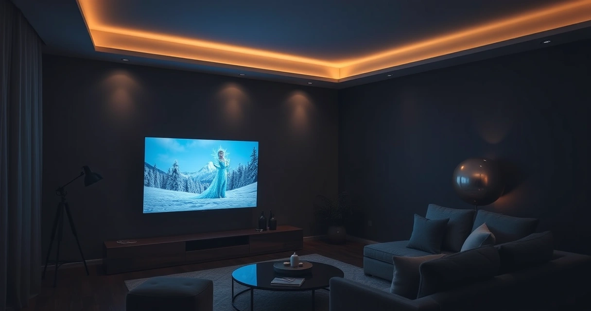 sala escura com televisão exibindo imagem congelada