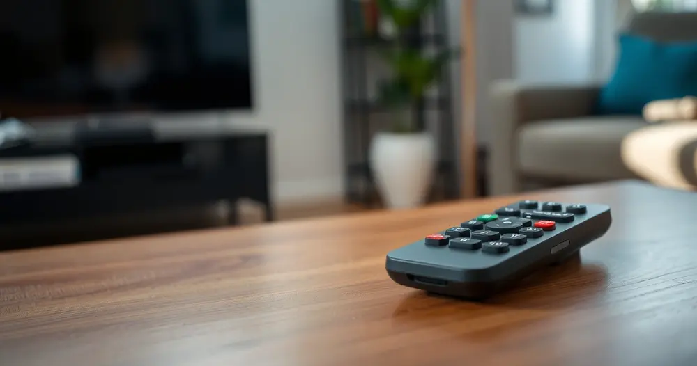Controle remoto de televisão sobre mesa de madeira em sala de estar